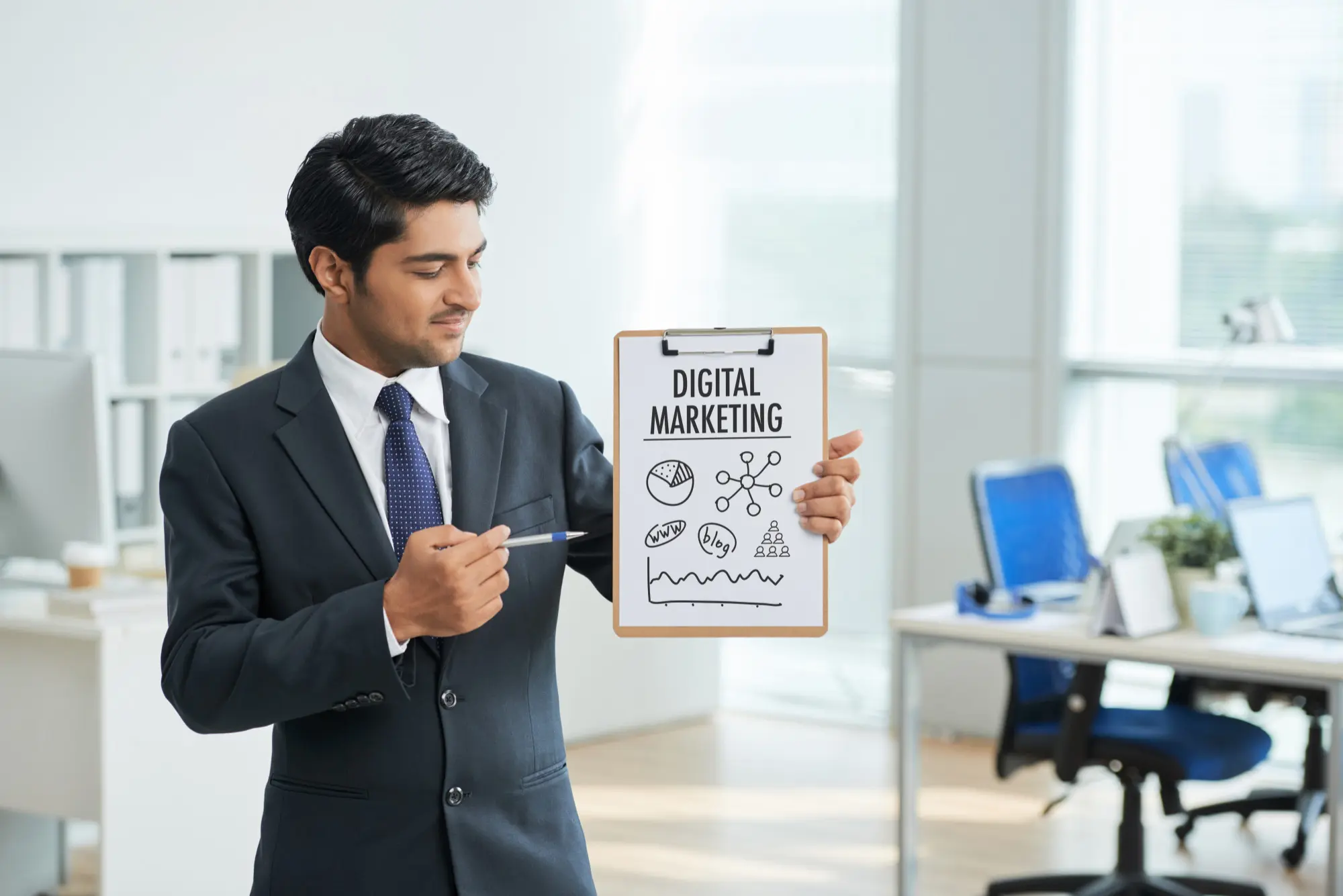 Digital marketing workflow connecting business goals, strategy, campaigns and performance reporting.